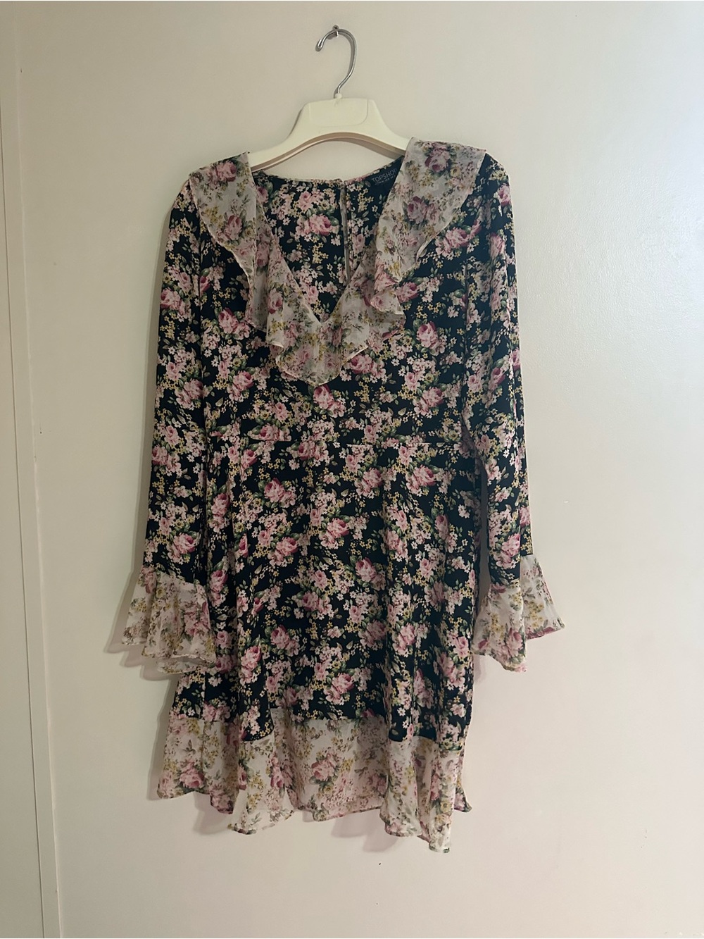 Topshop Black Floral Long-Sleeve Mini Dress with Pink Blossoms